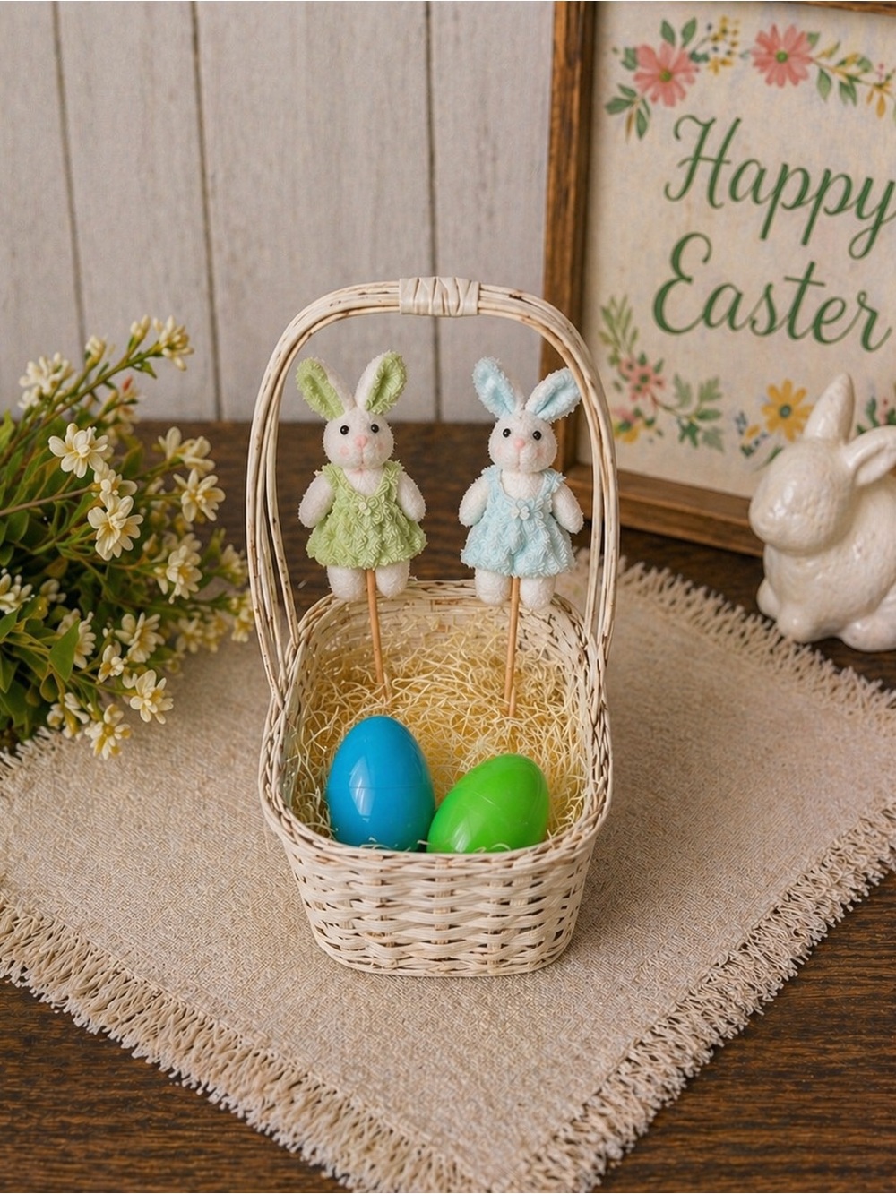 Easter Basket Set Bunny Picks Eggs Fill Wicker Basket Decor Spring